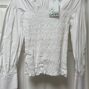 Ganni Off-Shoulder White Smocked Blouse